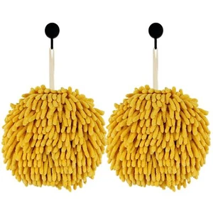 Fuzzy Ball Hand Towels 2PCS Chenille Hanging Quick Dry Yellow Kitchen Bath - Picture 1 of 7