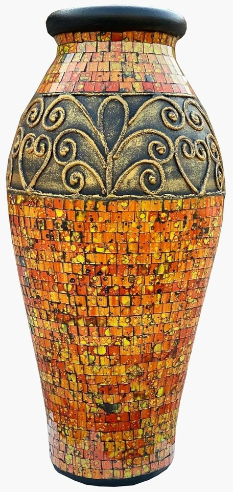 Zorigs 24 in. Floor Vase – Terracotta with Orange and Yellow Mosaic Glass Pieces - Image 1 of 2