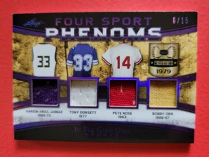 KAREEM ABDUL JABBAR Pete Rose BOBBY ORR Tony Dorsett JERSEY CARD #6/15 2019 LEAF - Picture 1 of 3