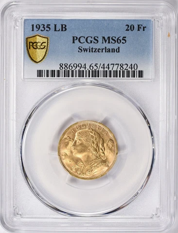 1935 LB Switzerland Gold  20 Francs PCGS MS65 Shield Holder Cover