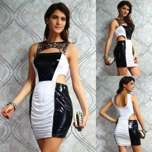 Casual Party Clubwear Wetlook Colourblock Cut Out Sexy Mini Sleeveless Bodycon - Picture 1 of 4