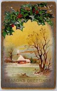 Postcard Seasons Greetings Christmas Winter Scene Vignette Holly 1909 - Picture 1 of 2