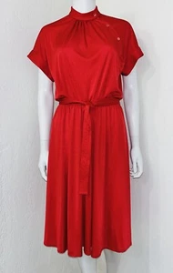 Vestido acampanado vintage Pierre Cardin rojo tejido satinado cuello mandarín ajuste cinturón talla 8 - Imagen 1 de 18