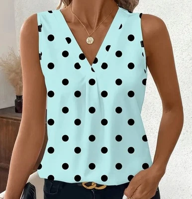 light blue tank with navy polka dots sz medium - Image 1 of 2