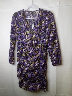 Vero Moda Dress Women S Short Long Sleeve V-Neck Floral Black Purple - Image 1 of 4
