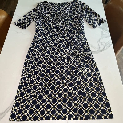 Lauren Ralph Lauren Navy Blue 3/4 Sleeve V-neck Dress Old Money Women's Size 12 - Image 1 of 4