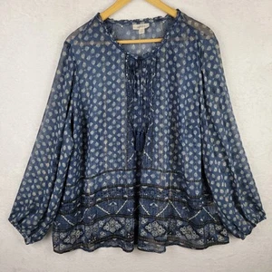 Bohemian Whimsical 3X Blouse Sheer Long Sleeve Blue Print Tunic Tie Top - Picture 1 of 9