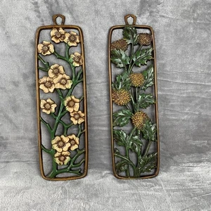 Vintage Mid West Cast Metal Wall Plaques Dogwood & Mums Wall Decor Hand Painted - Picture 1 of 16