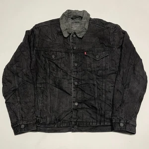 Levis Denim Jacket Mens Medium Black Sherpa Borg Warm Chore Trucker Western Snap - Picture 1 of 12
