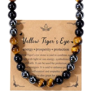 Mens Healing Crystal Black Obsidian Tigers Eye Hematite Natural Stone Beaded Nec - Picture 1 of 18