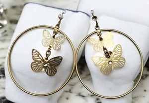 Butterfly Dangle Hoop Earrings Gold Tone with Rhinestone Accent Nature Boho - Picture 1 of 6