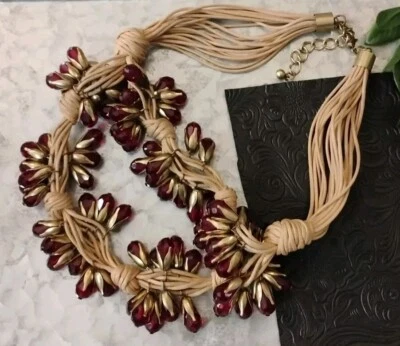 GARDENIA 品牌红色刻面玻璃珍珠吊坠多股 17 英寸 + Adj。 项链!  — 第 1/4 张图片