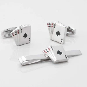 Silver Metal Tie Clip Holder & Cufflinks Set Poker Ace of Spades Mens Bar Pin - Picture 1 of 12