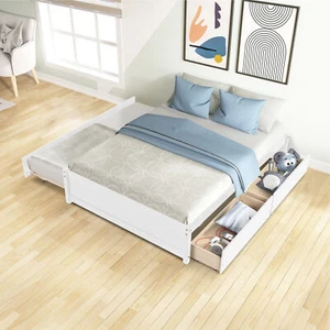 Modern Full Size Platform Bed Wooden Bed Frame with Twin Size Trundle + 2 Drawer - Picture 1 of 6