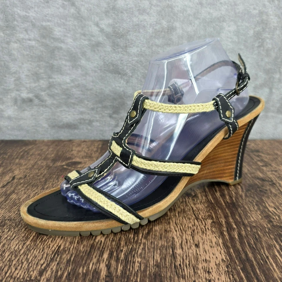 Aerosoles Swish Bone Strappy Wedge Sandals 11 Black Leather Natural Jute Comfort - Image 1 of 4