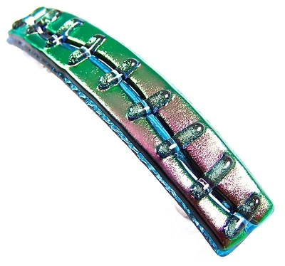 Dichroic Glass Barrette Purple Mauve Striped Turquoise Blue 3.5" 90mm Hair Clip - Image 1 of 4