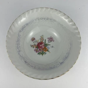 Vintage Floral Porcelain Bowl Scalloped Edge White Pink Rose Pattern Gold Trim - Picture 1 of 8