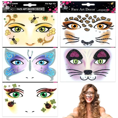 5 Blätter Face Art Sticker Ablösbare Leopard Bienen Schmetterlinge Katze Glitzer - Bild 1 von 4