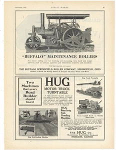 Rodillo de carretera Buffalo Springfield 1922 anuncios en 1 página y camión HUG y máquina de clasificación - Imagen 1 de 1