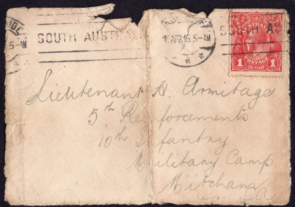 19 APR 1916 ADELAIDE , SOUTH AUSTRALIA 1d KGV stamp on cover front - Image 1 of 3