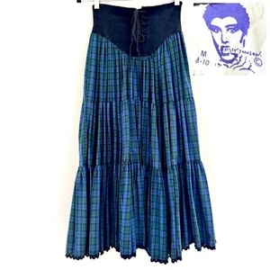 VTG 80s Punk Label BETSEY JOHNSON Maxi PLAID Black Cotton Spandex Corset Skirt M - Picture 1 of 19