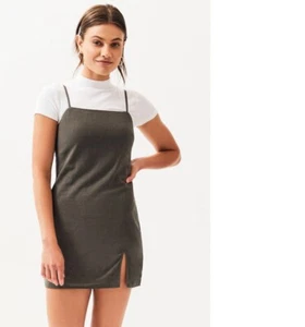 Kendall & Kylie Pacsun Women's Olive Green Slit Linen Mini Dress Size Large New - Picture 1 of 7