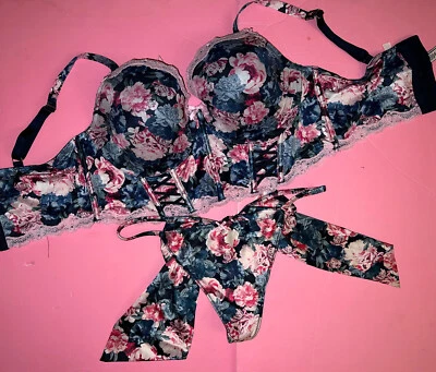 Victoria's Secret 32DD,34C CORSET TOP BRA SET M Bow Thong NAVY BLUE PINK Floral - Image 1 of 4