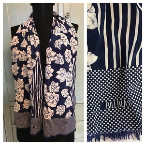 Vintage Bill Blass Silk Floral Stripe Polka Dot Fringe Handrolled Scarf 52.5x10" - Picture 1 of 8