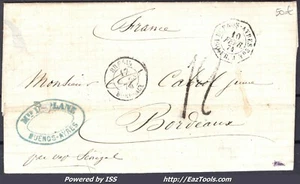 FRANCE LETTRE DE BUENOS AIRES CAD BRESIL BORDEAUX + CAD MARITIME DU 10/02/1874 - Picture 1 of 2