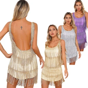 Abito da ballo donna glitter nappe flapper senza maniche frange abito da cocktail - Foto 1 di 47