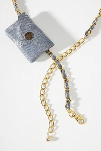 New Anthropologie Blue Leather Coin Purse Belt Gold Chain XS/S - Picture 1 of 2