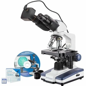 AmScope 40X-2500X LED Binocular Compound Microscope +5MP Camera +50 Blank Slides - Picture 1 of 10