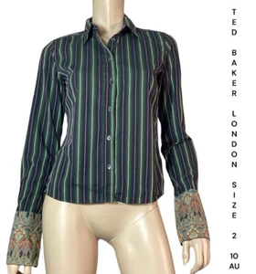 🌻TED BAKER LONDON SIZE 2 /10AU GREEN PINK STRIPED CUFF TAILORED COTTON SHIRT - Picture 1 of 12