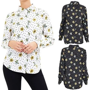 Womens Long Sleeve Floral Shirt Ladies Collar Blouse Dot Casual Work T-Shirt Top - Picture 1 of 22