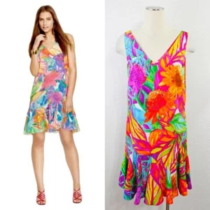 Vestido Ralph Lauren Cintura Caída Volantes Arco Iris Floral Bolsillos Talla 6 - Imagen 1 de 7