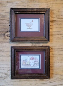 90's Kitchen 2 Framed Country Drawings Rustic Chicken Hen Baking Apples Wood - Picture 1 of 8