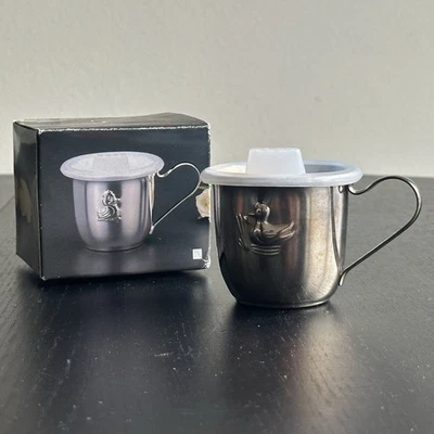 "Taza bebé chapada en plata diseño pato de colección con caja y tapa de plástico regalo de guardería 2,75""" Foto 1 de 4