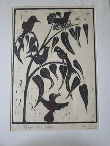 Wiebke Stenzel xilografía firmada a mano pájaros en el bosque - Imagen 1 de 2