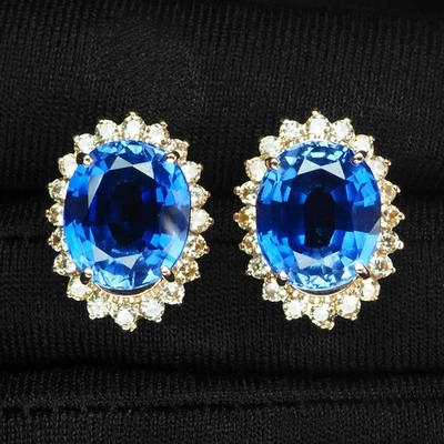 经典生动蓝色蓝宝石 13.65 克拉 925 纯银玫瑰金耳环 — 第 1/4 张图片