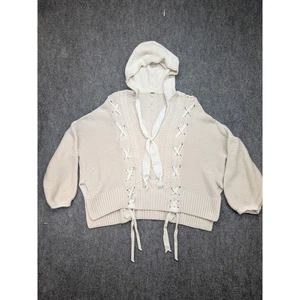 Free People Sweater Hoodie Knit Cable Lace Up Balloon Sleeve Cream Oversize XS/S - Picture 1 of 8