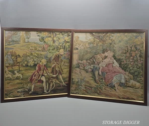 Vintage König Louis XV Jagdszene & umwerbendes Paar Wandteppiche gerahmt 2er Set - Bild 1 von 19