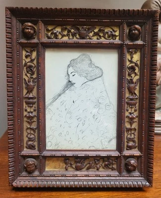 Pluma original de dos bocetos Gustav Klimt sobre papel en marco del siglo XIX cara doble Foto 1 de 4