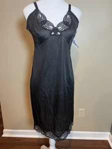 Vtg Lorraine Sissy Tall 36 Nylon Full Slip Nightgown Dress Lace Bodice/Hem Black - Picture 1 of 6