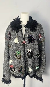 VTG Berek 2 Christmas Tanaka Sakon Christmas Sweater Cardigan Wreaths & Trees XL - Picture 1 of 20