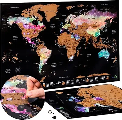 Scratch Off World Map 42x70cm & BONUS EU Map 30x42 Watercolour With Accessories • 14.99£