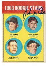 Autographed 1963 TOPPS #208 JOHN MILLER Baltimore Orioles card w/ COA 