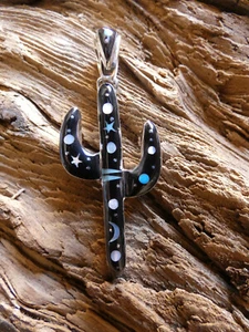 Saguaro Cactus Moon & Stars Onyx Turquoise Gemstone Sterling Silver Pendant T54 - Picture 1 of 9