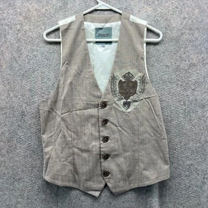 Roar Vest Mens Medium Khaki Sleeveless Biker Pinstriped Cross Embroidery Biker - Picture 1 of 9