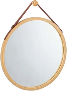 NNEDSZ HOME Hanging Round Wall Mirror 38 cm - Solid Bamboo Frame and Adjustable - Picture 1 of 9