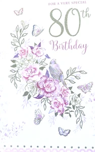 Tarjeta "Para un 80 cumpleaños muy especial" pájaro, mariposas, flores rosa y plata - Imagen 1 de 5